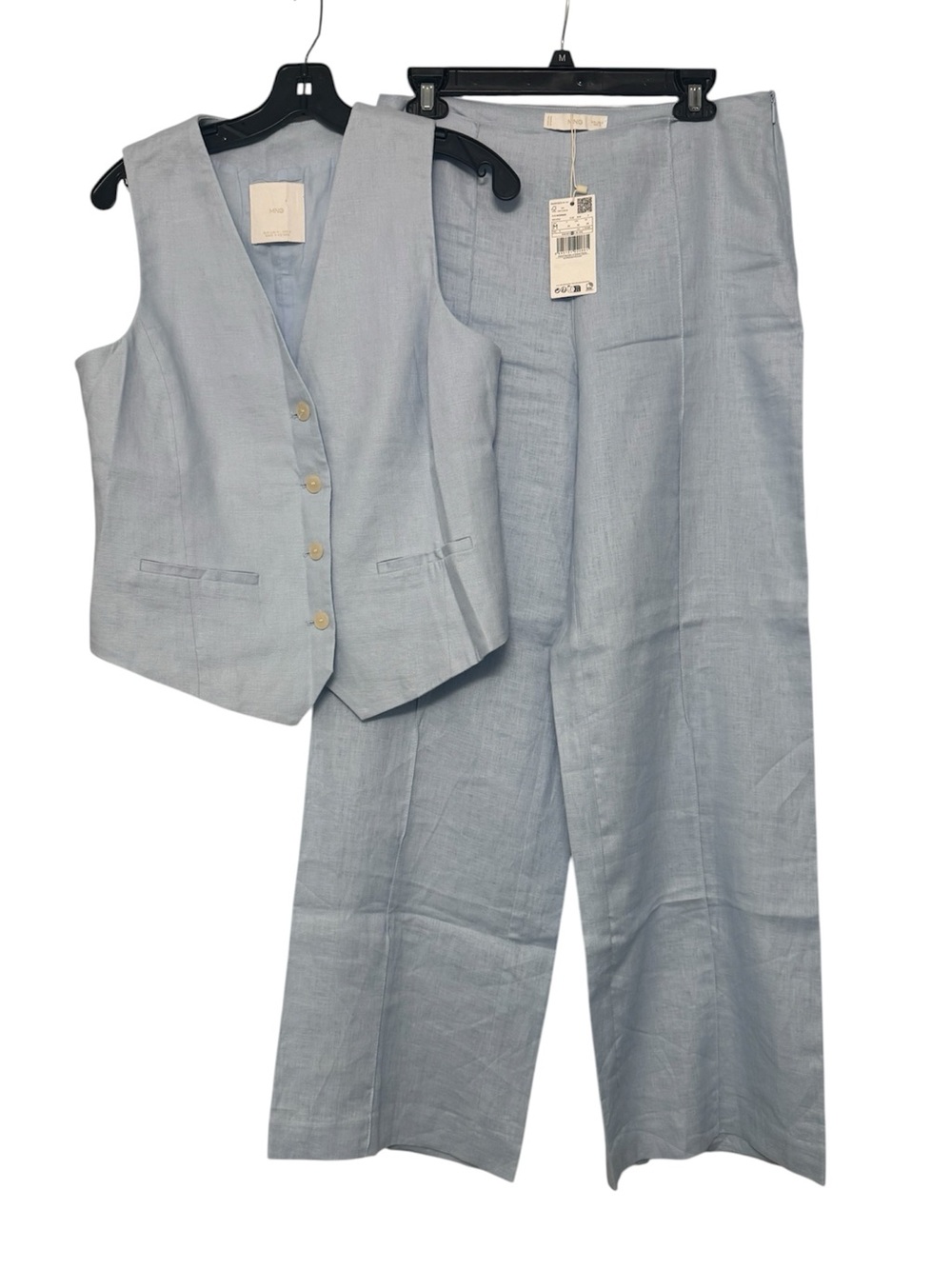 Mango Pale Blue Linen Wide-Leg Pants with Matching Vest - Picture 2 of 8
